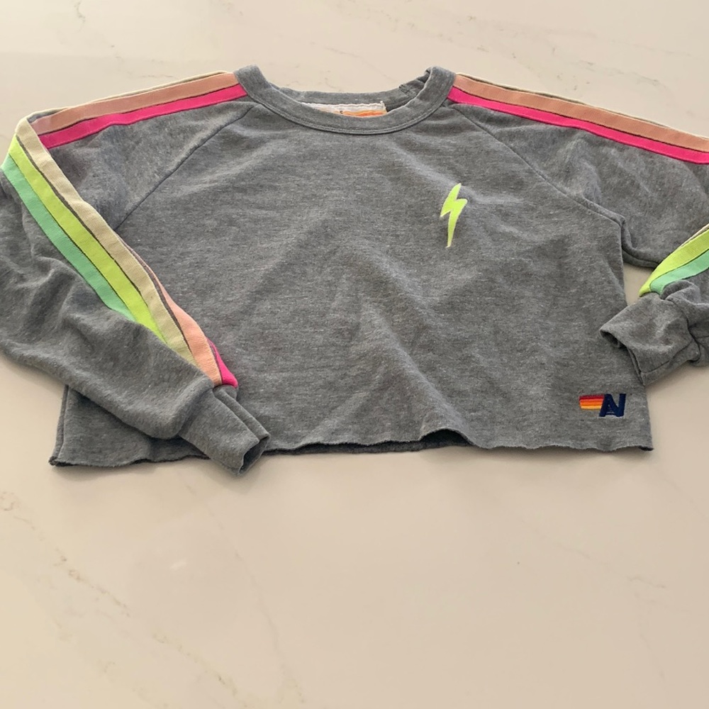 Aviator Nation Cropped Neon Striped Sweatshirt